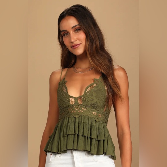 Free People Tops - Free People Adella Cami Olive Green Lace Ruffled Tank Top 0125